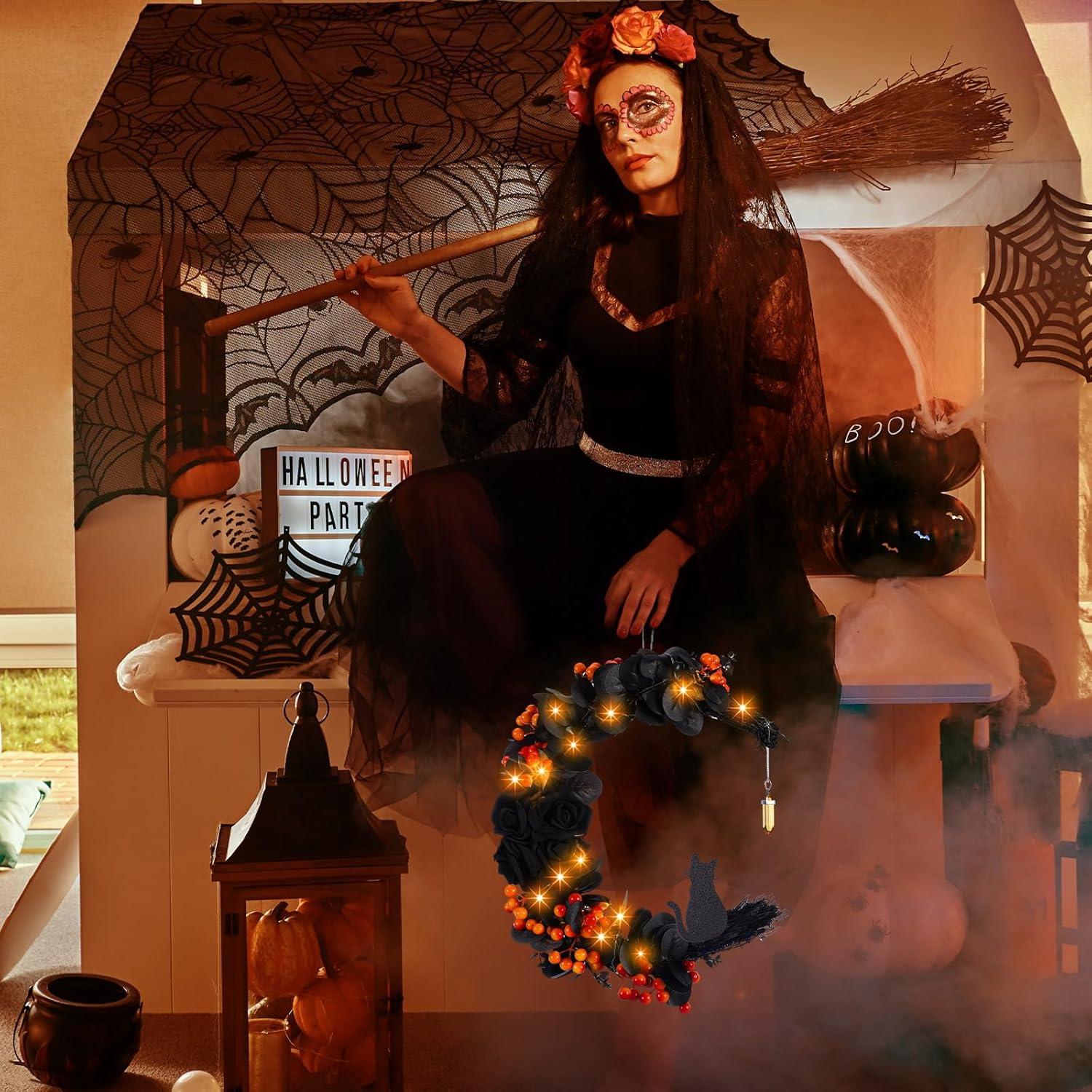 Ceenna Halloween Moon Wreath with Black Roses and Orange Berries