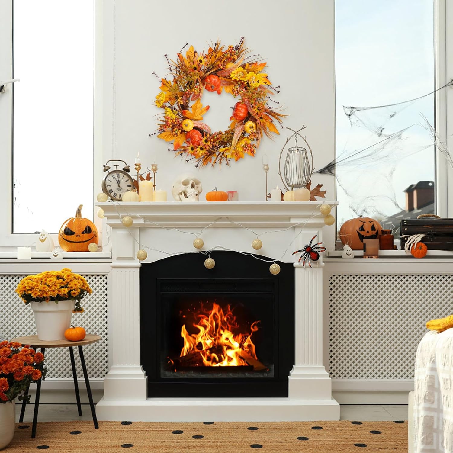 19 Inch Artificial Fall Wreath with Pumpkins and Maple Leaves
