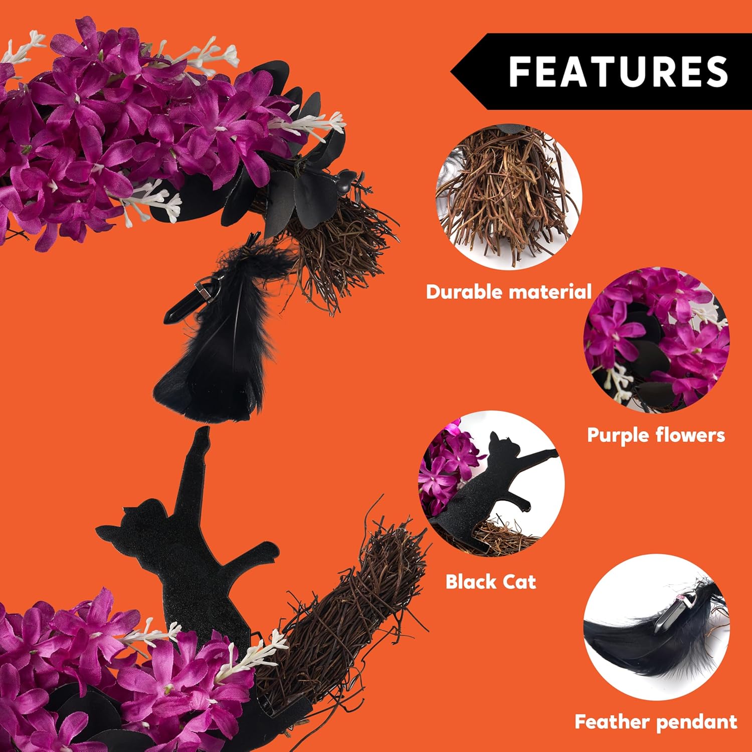 JOYIN Halloween Wreath Black Cat Moon Grapevine Decor