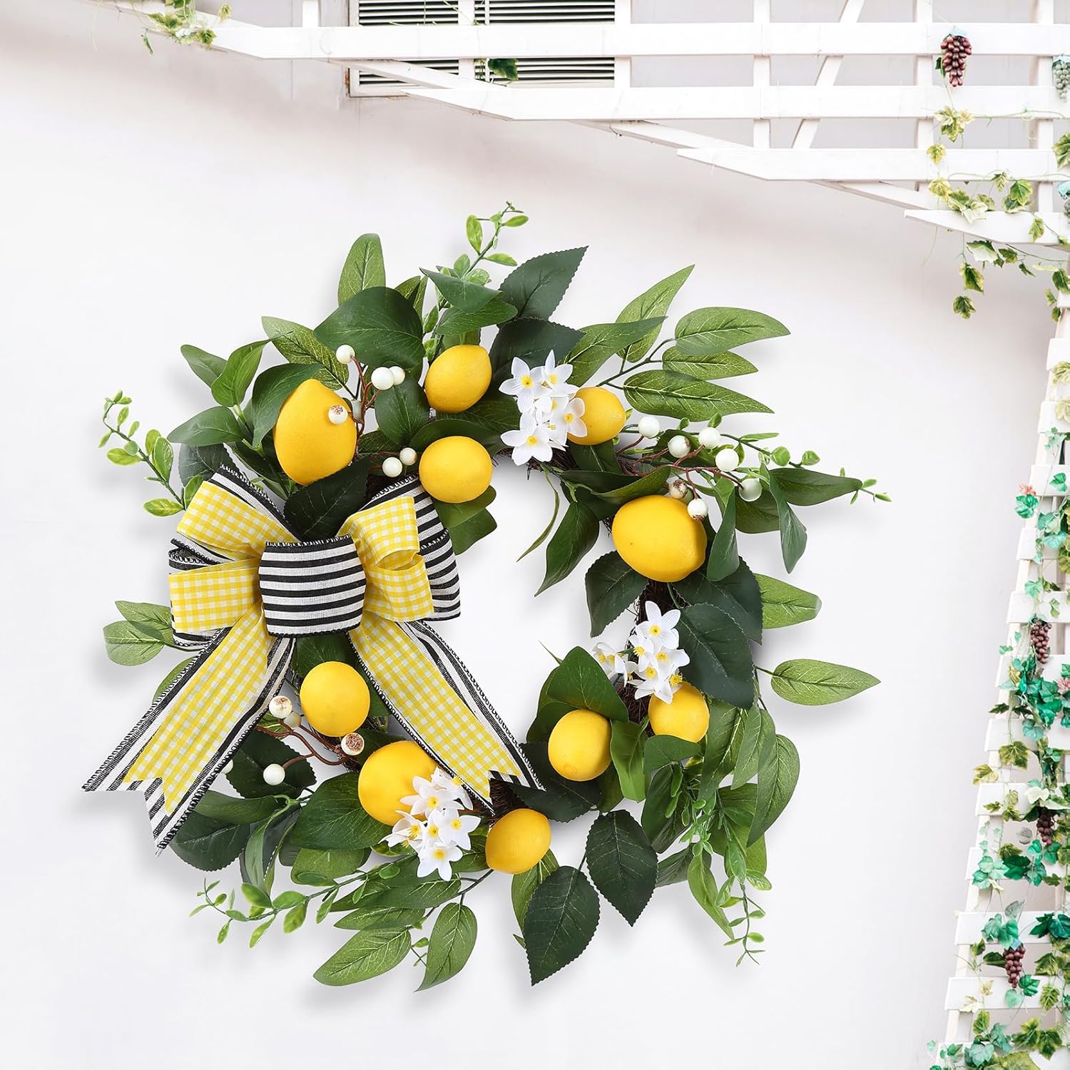 20 Inch Spring Summer Lemon Wreath with Daisy Bow and Eucalyptus
