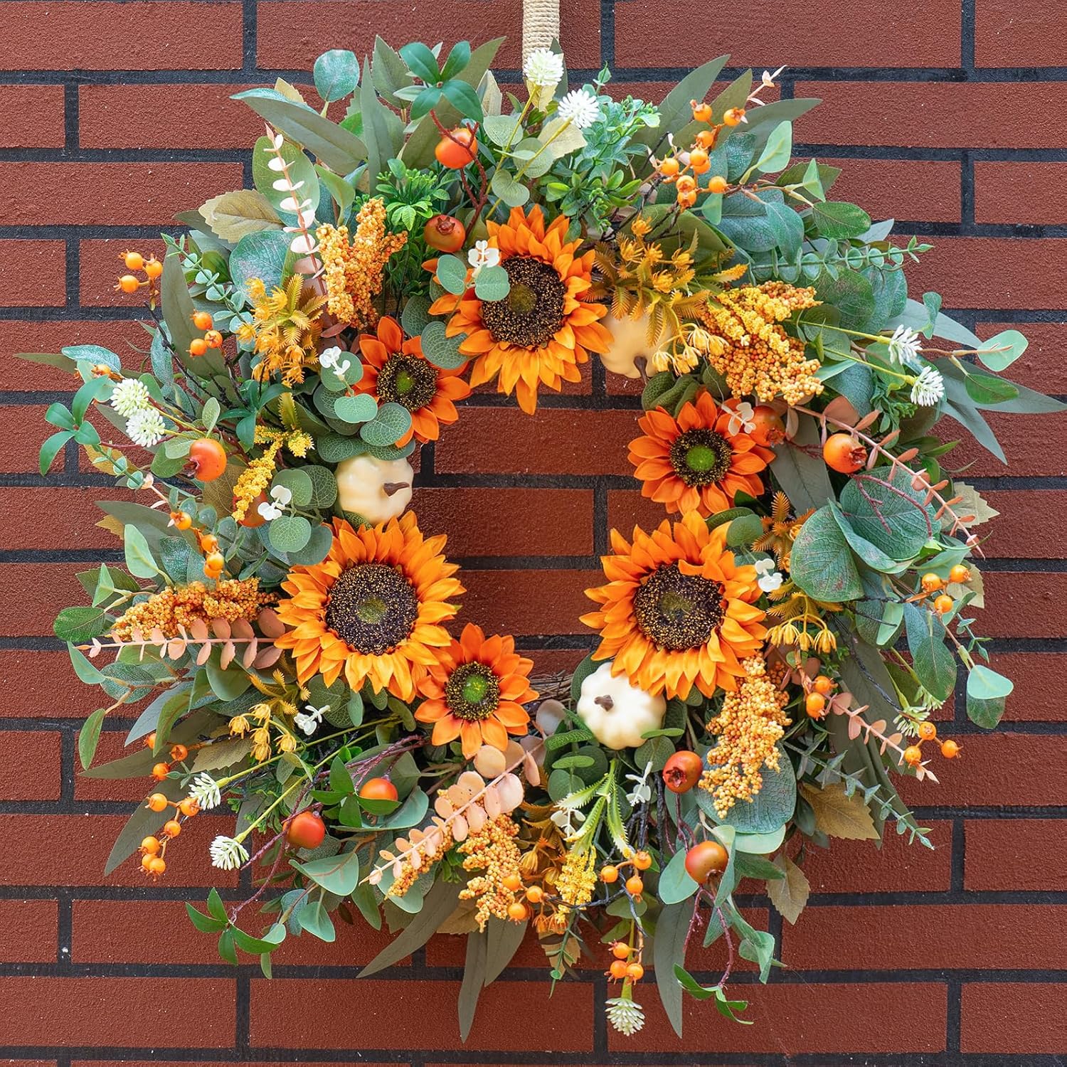 24-Inch Fall Door Wreath with Sunflowers Pumpkins Boxwood Eucalyptus Berries