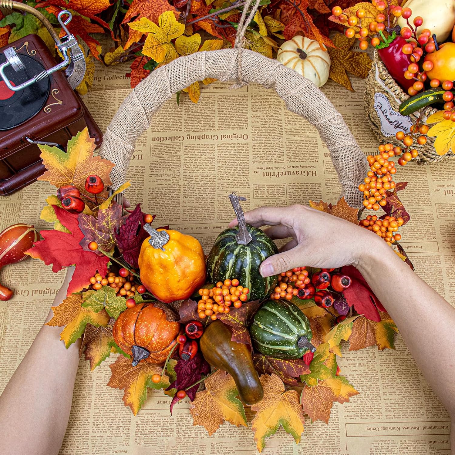 LLZLL 20 Inch Autumn Wreath with Pumpkins Berries Leaves