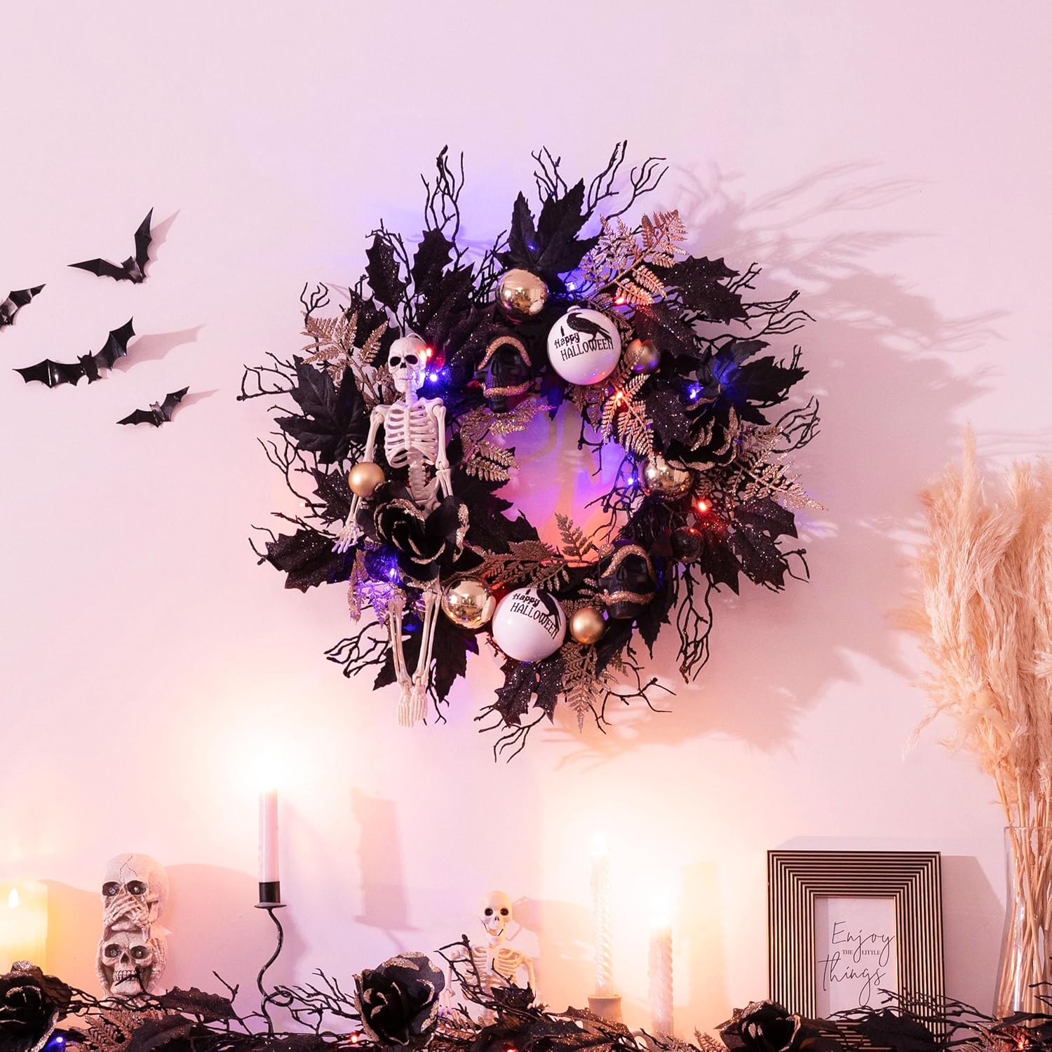 DecorbyHannah Collapsible Halloween Door Wreath with LED Light