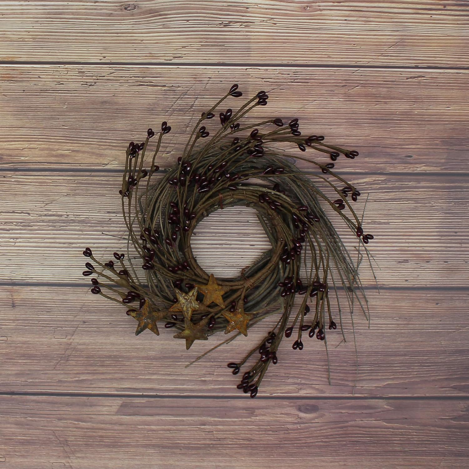Rustic Pip Berries and Twig Wreath with Barn Stars 7 Inch Burgundy
