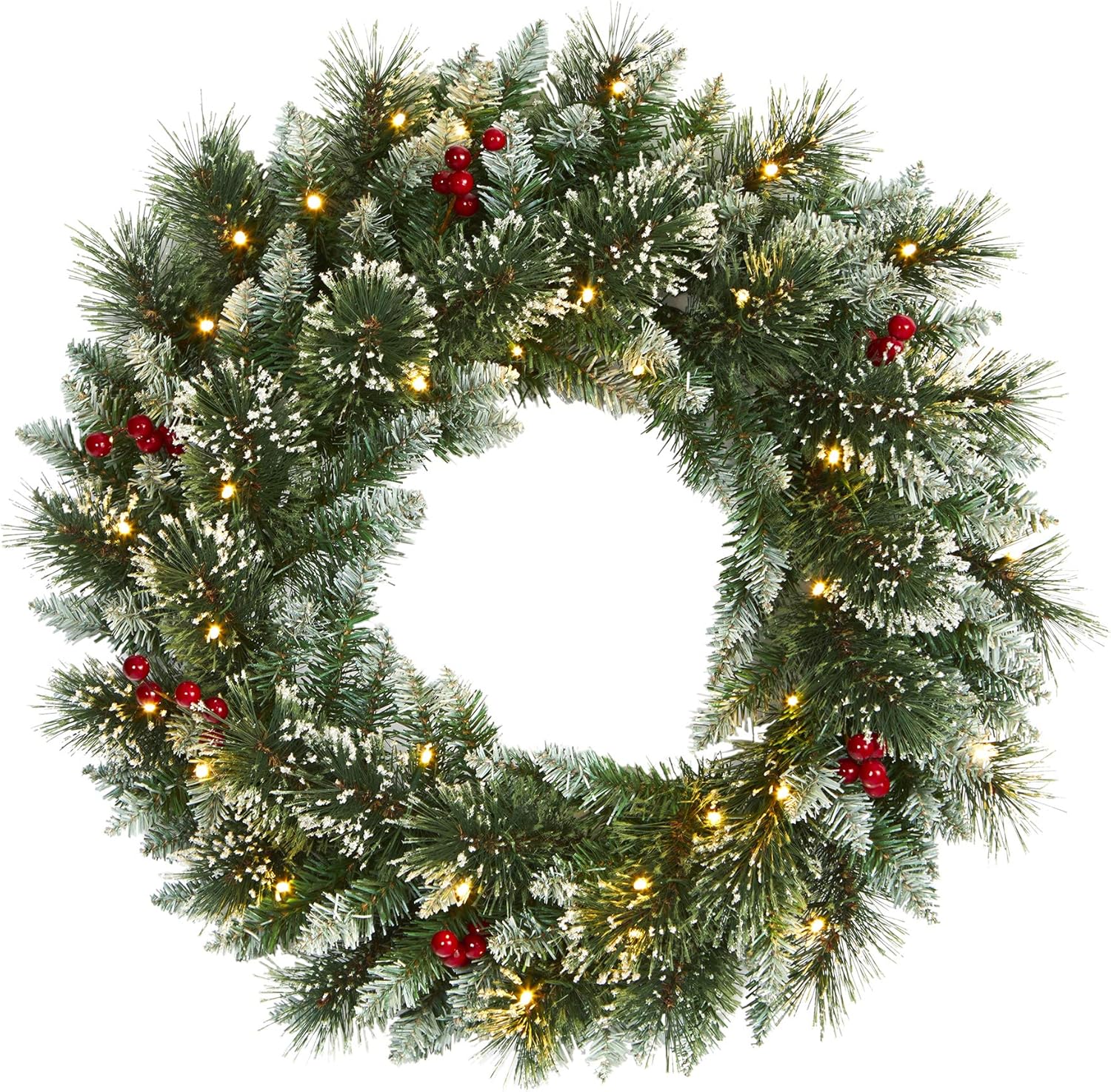 Nearly Natural 24-Inch Frosted Wreath with LED Lights and Berries