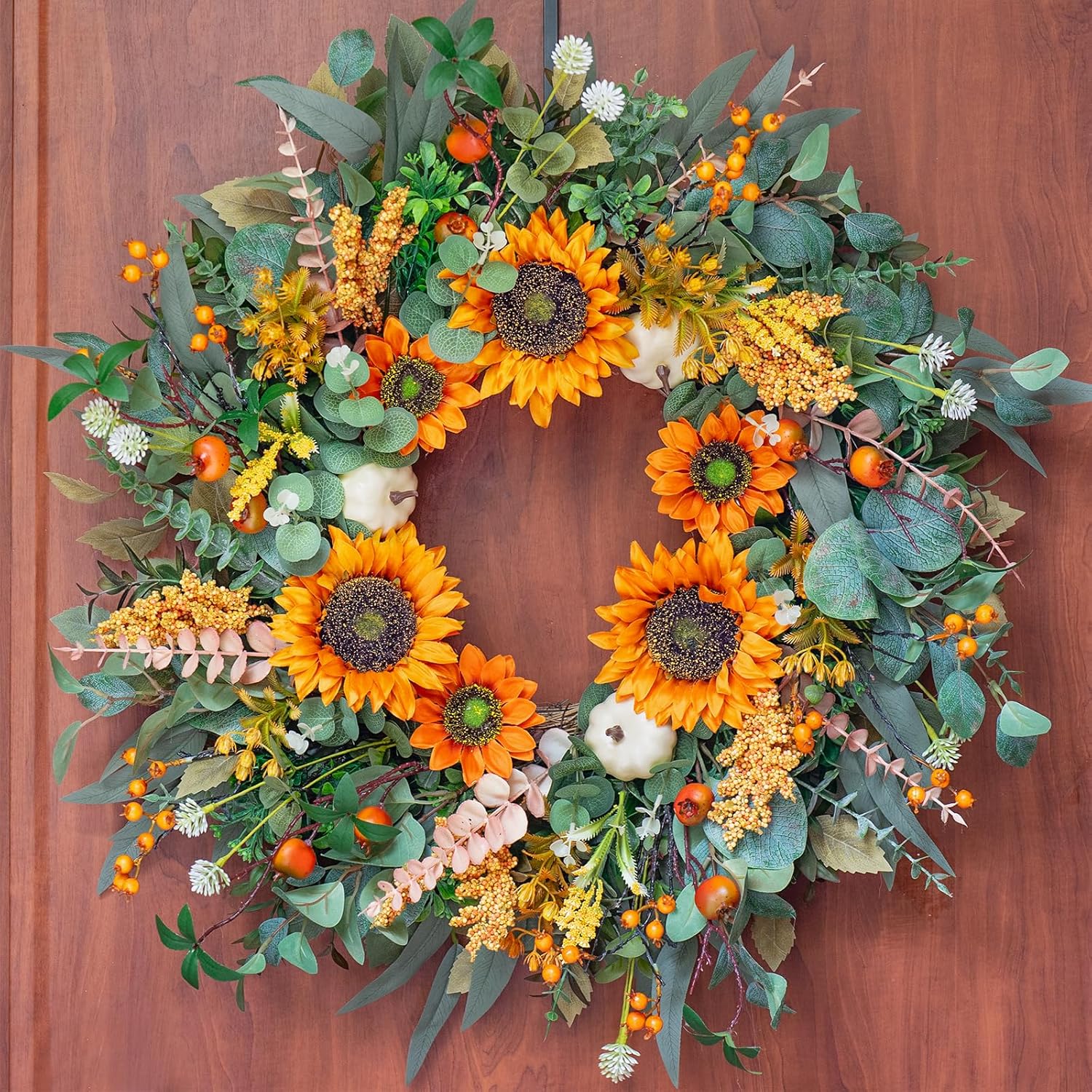 24-Inch Fall Door Wreath with Sunflowers Pumpkins Boxwood Eucalyptus Berries