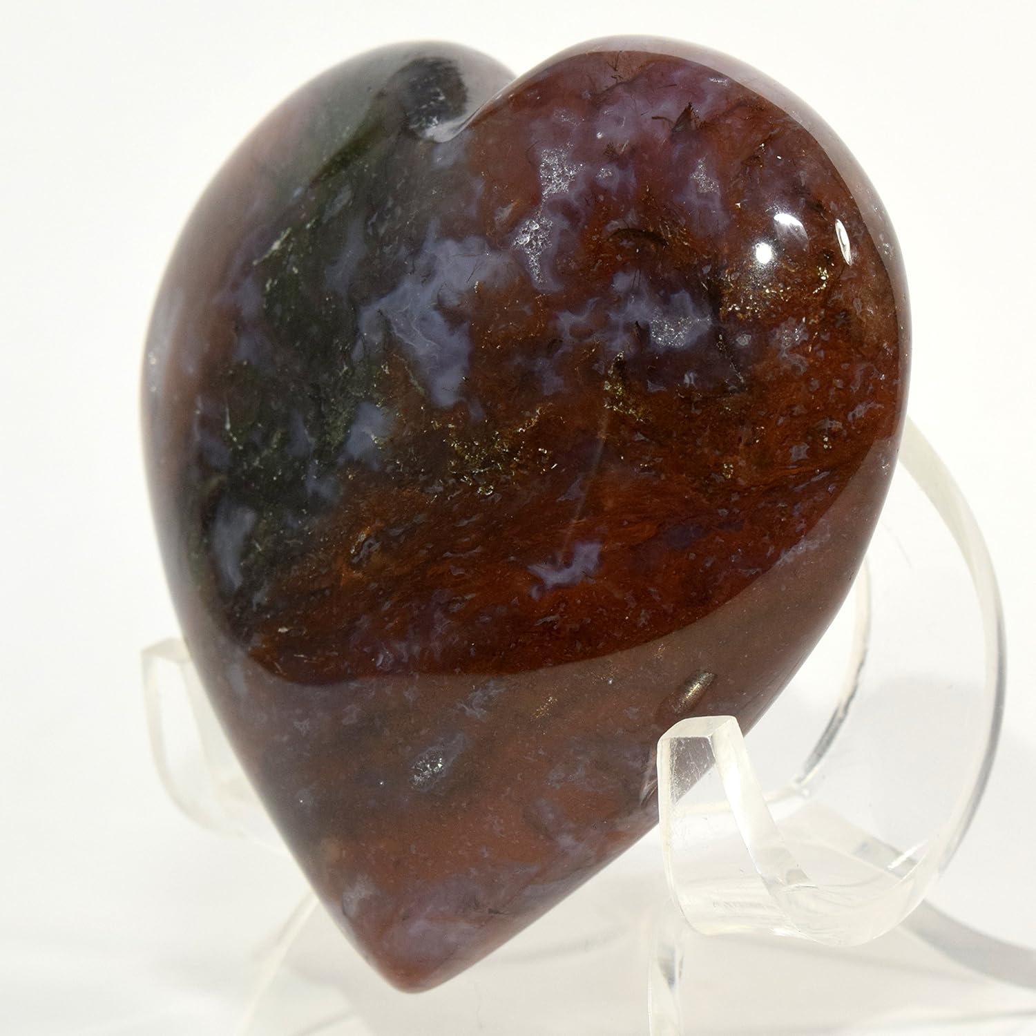 64mm Moss Agate Puffy Heart with Acrylic Stand