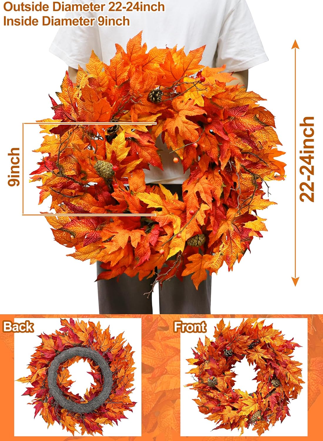 24 Inch Lighted Fall Wreath for Front Door
