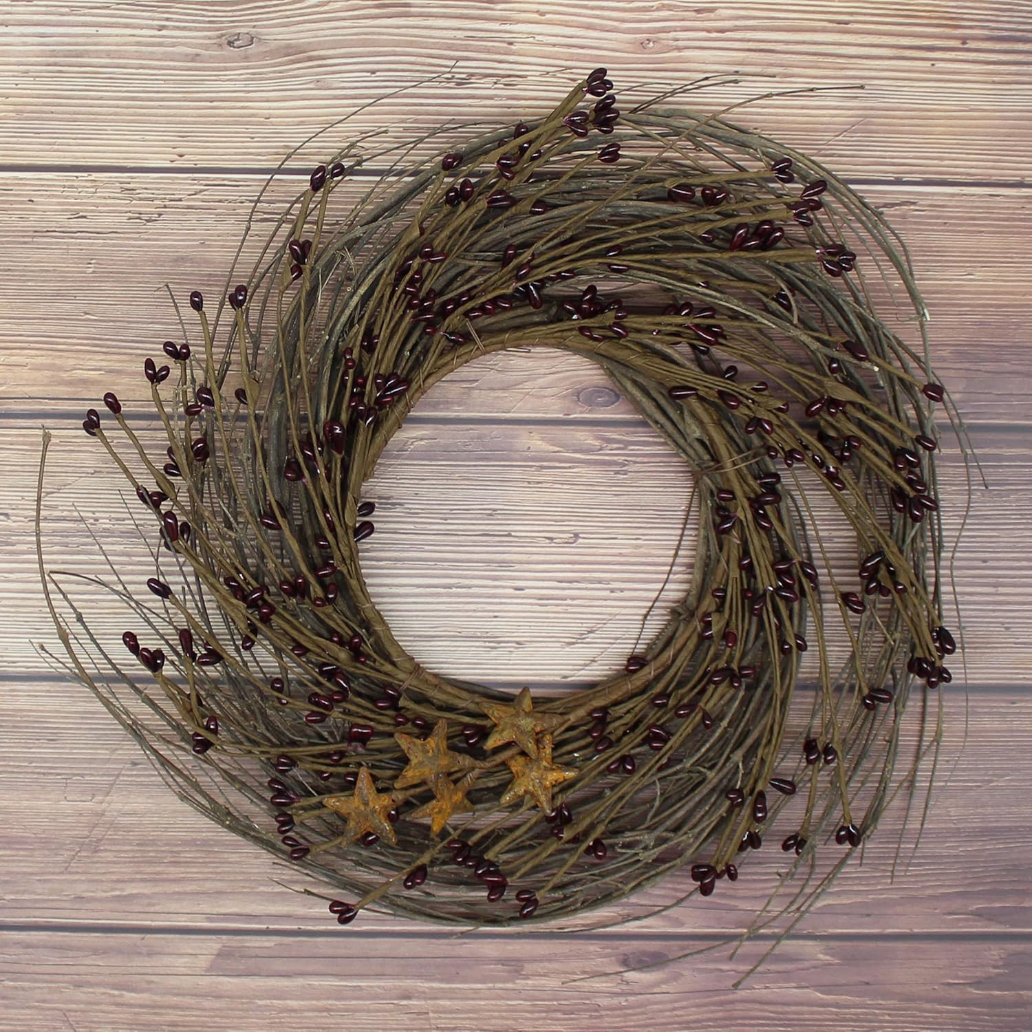 Primitives Rustic Wreath with Barn Stars 12 Inch Burgundy