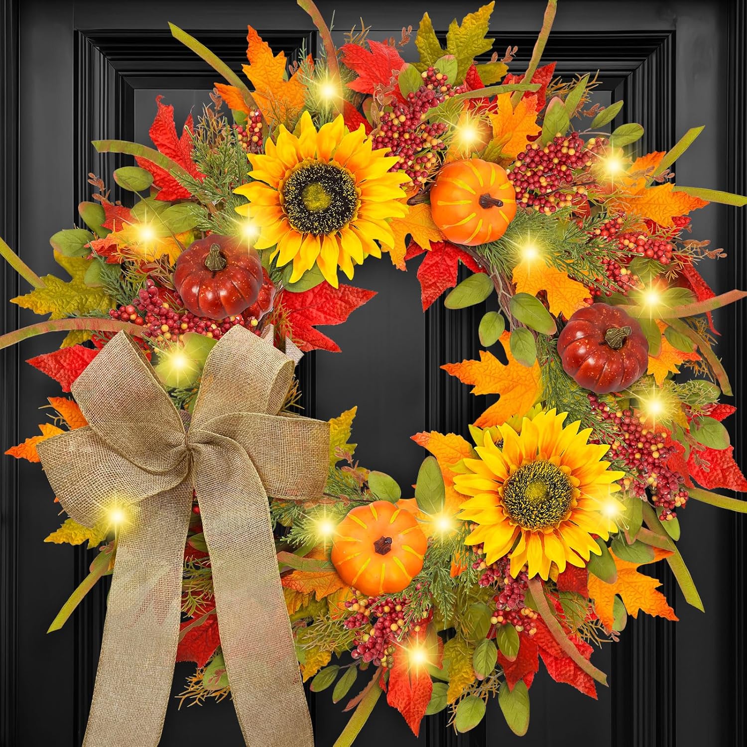 Fall Wreath with Lights and Pumpkins for Front Door