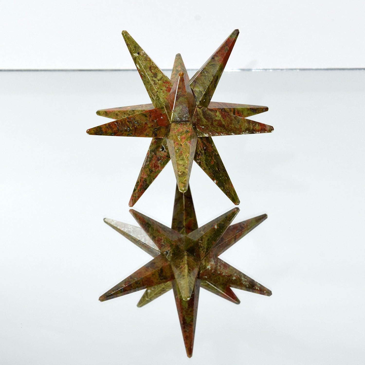 HC Set 34 Inch Unakite 12 Point Merkaba Star with Clear Quartz Cabochon