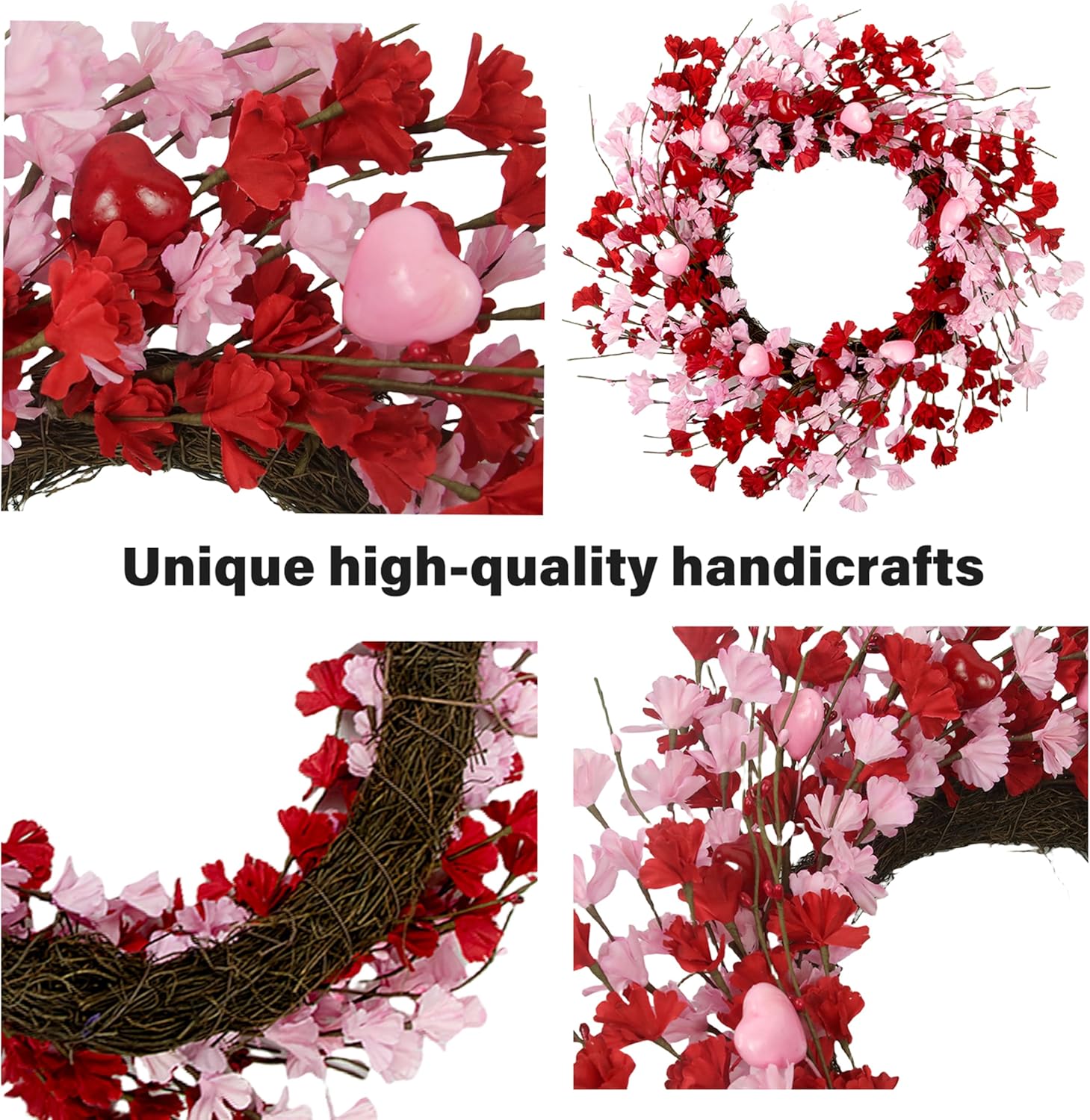 20 Inch Valentine Wreath with Red Berries and Pink Heart Flowers