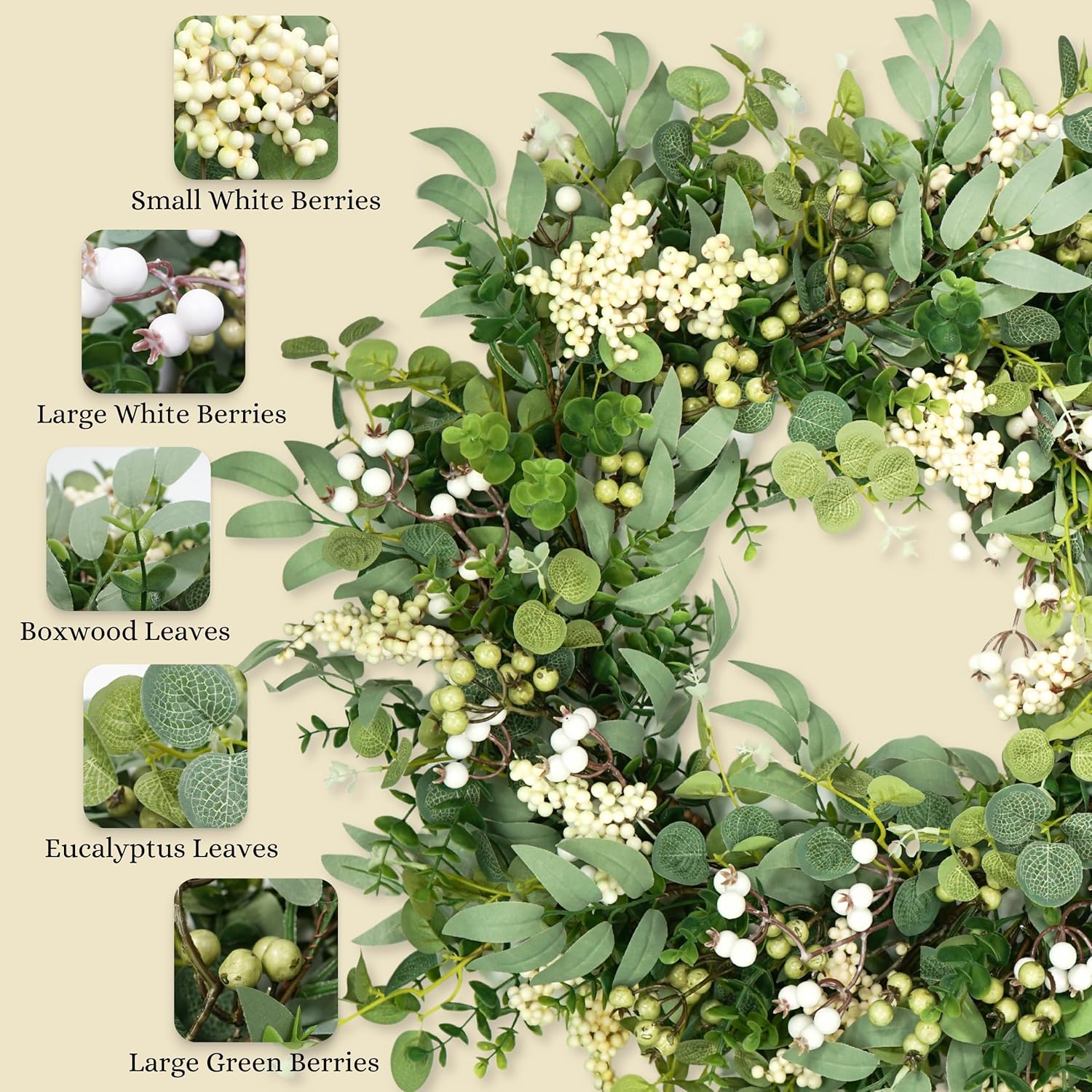 Artificial Eucalyptus Wreath with Berries 24 Inches