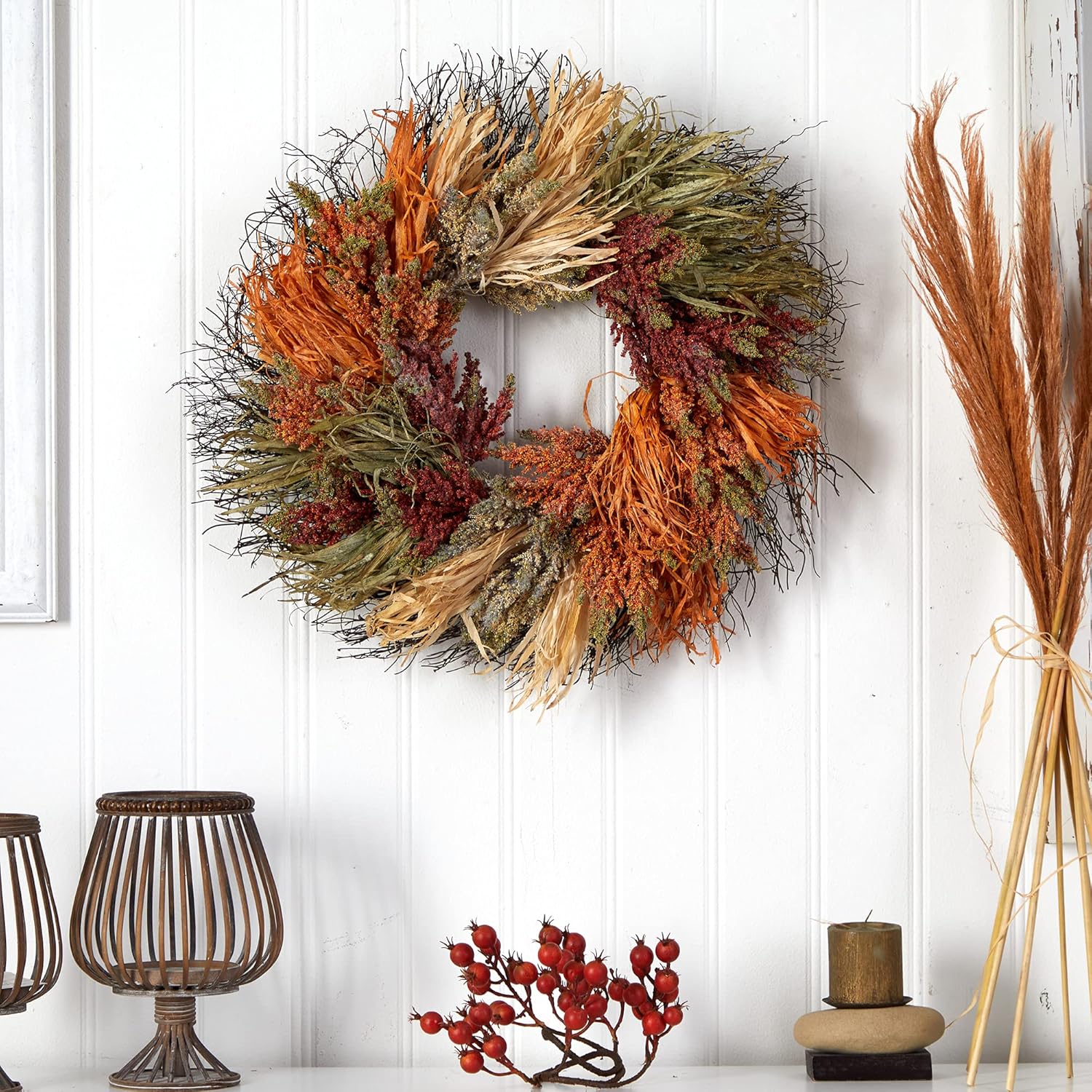 Nearly Natural 26-Inch Fall Sorghum Artificial Wreath