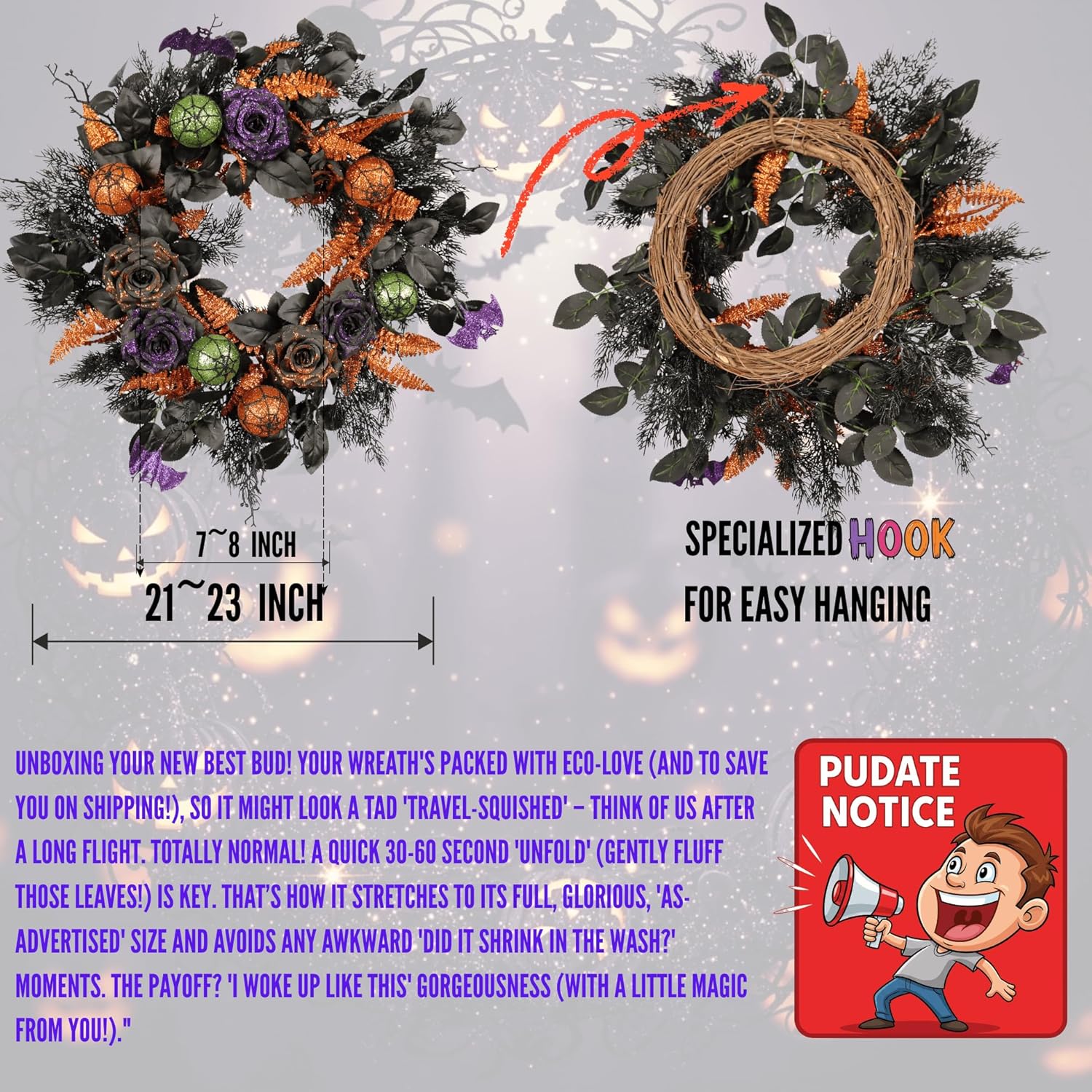 Pudate 22 Inch Halloween Wreath for Front Door