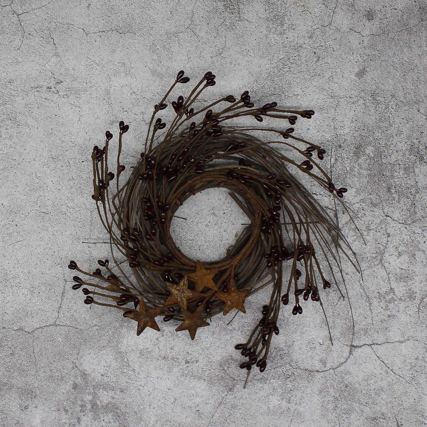 Rustic Pip Berries and Twig Wreath with Barn Stars 7 Inch Burgundy