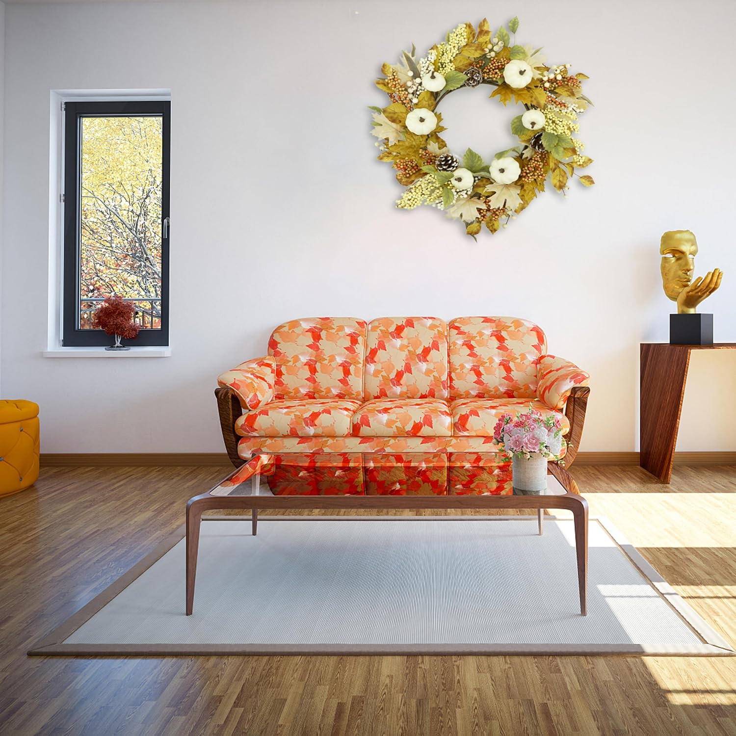 22 Artificial Fall Wreath with Pumpkin and Maple Leaves