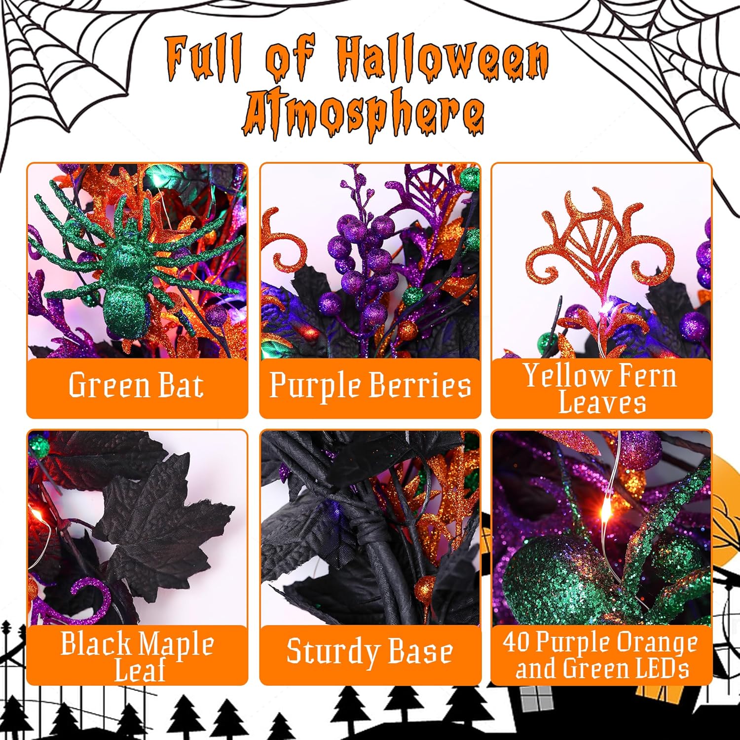 Enhon 40 LED Halloween Wreath 16 Inch Glitter Maple Leaf Style