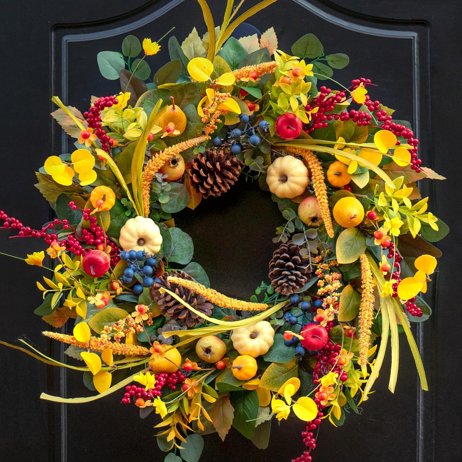 Fall Wreath 24 Inch with Yellow White Pumpkins Red Berries Eucalyptus Leaves Pinecones