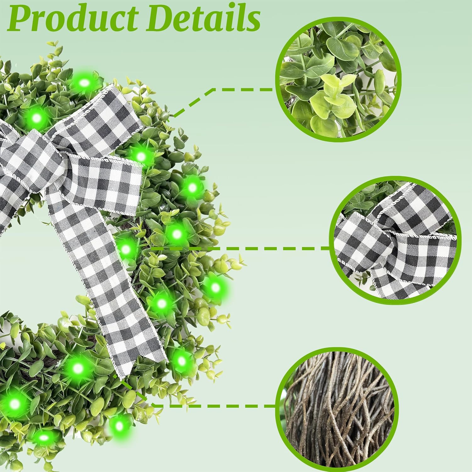 Artificial Green Boxwood Wreath with Buffalo Plaid Bow and LED Lights