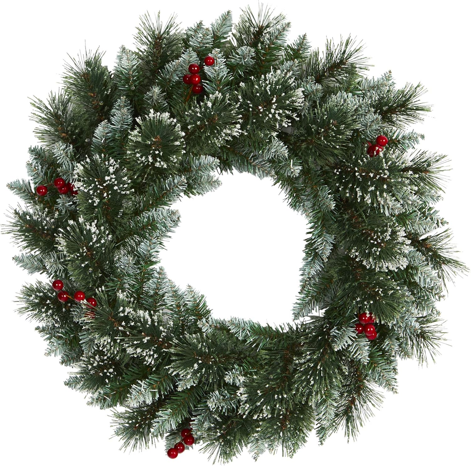 Nearly Natural 24-Inch Frosted Wreath with LED Lights and Berries