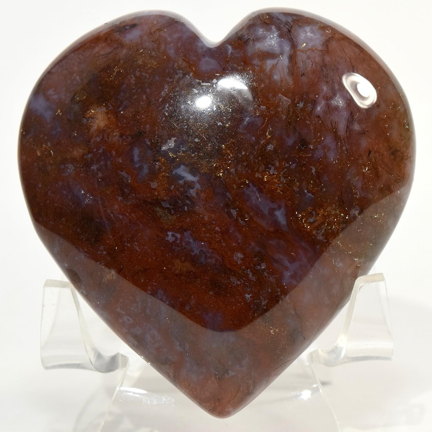 64mm Moss Agate Puffy Heart with Acrylic Stand