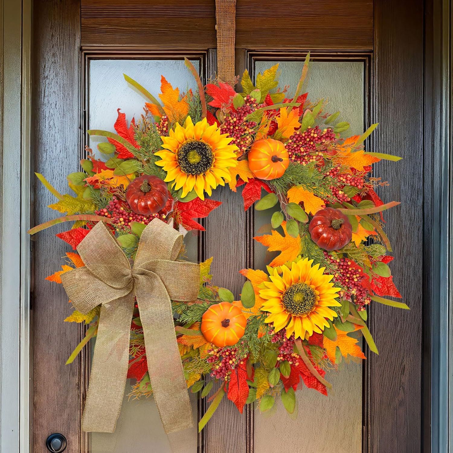 Fall Wreath with Lights and Pumpkins for Front Door