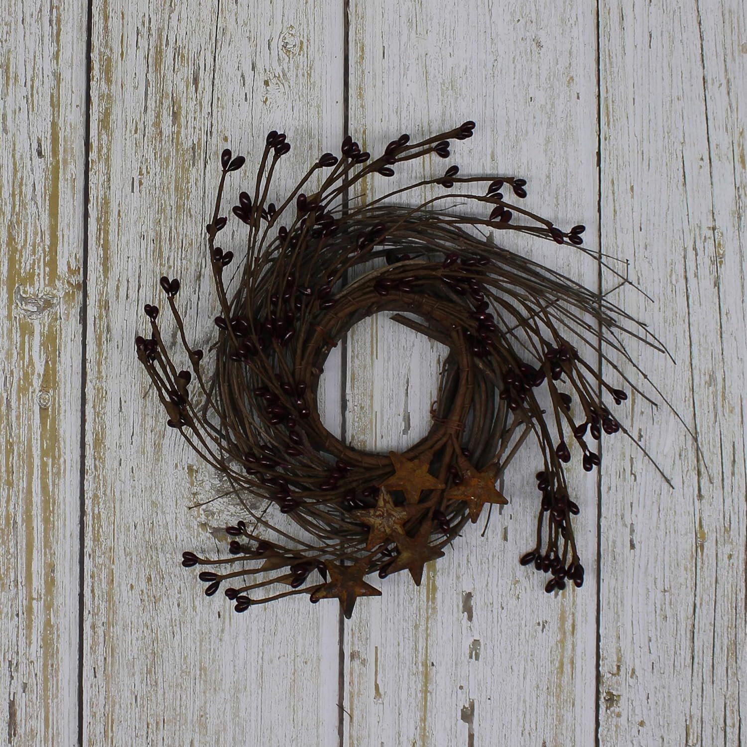 Rustic Pip Berries and Twig Wreath with Barn Stars 7 Inch Burgundy