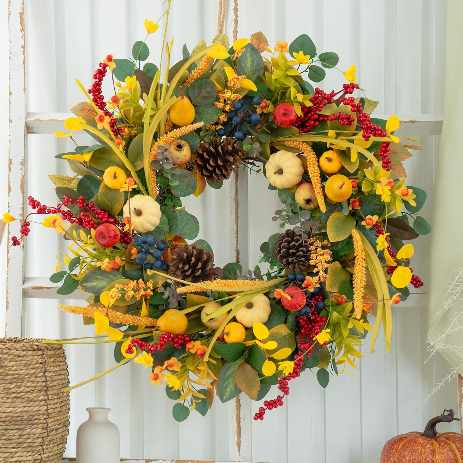 Fall Wreath 24 Inch with Yellow White Pumpkins Red Berries Eucalyptus Leaves Pinecones