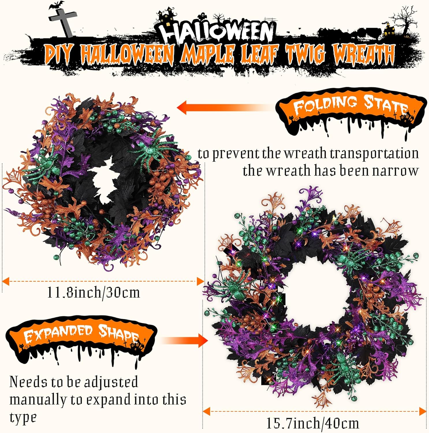 Enhon 40 LED Halloween Wreath 16 Inch Glitter Maple Leaf Style