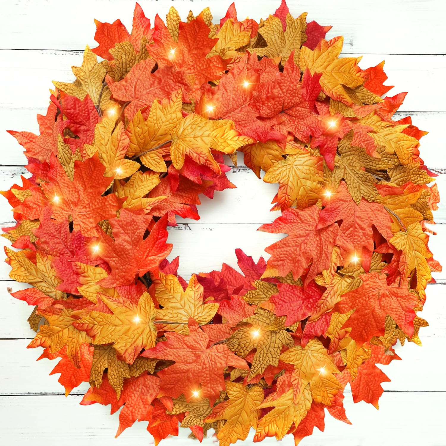 26 Inch Foldable Fall Wreath with Lights and Timer