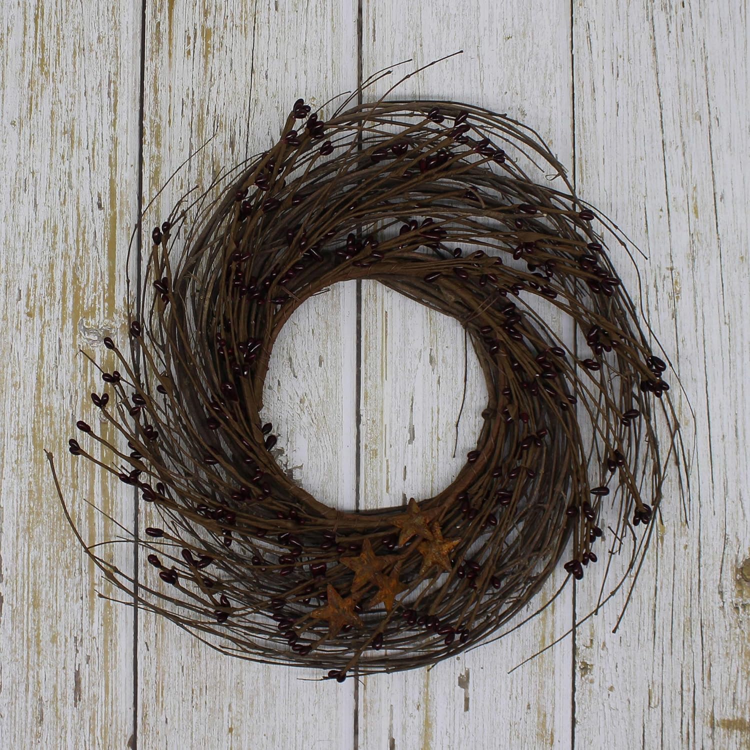 Primitives Rustic Wreath with Barn Stars 12 Inch Burgundy