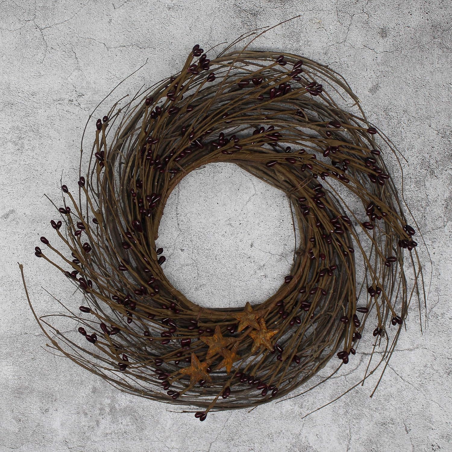 Primitives Rustic Wreath with Barn Stars 12 Inch Burgundy