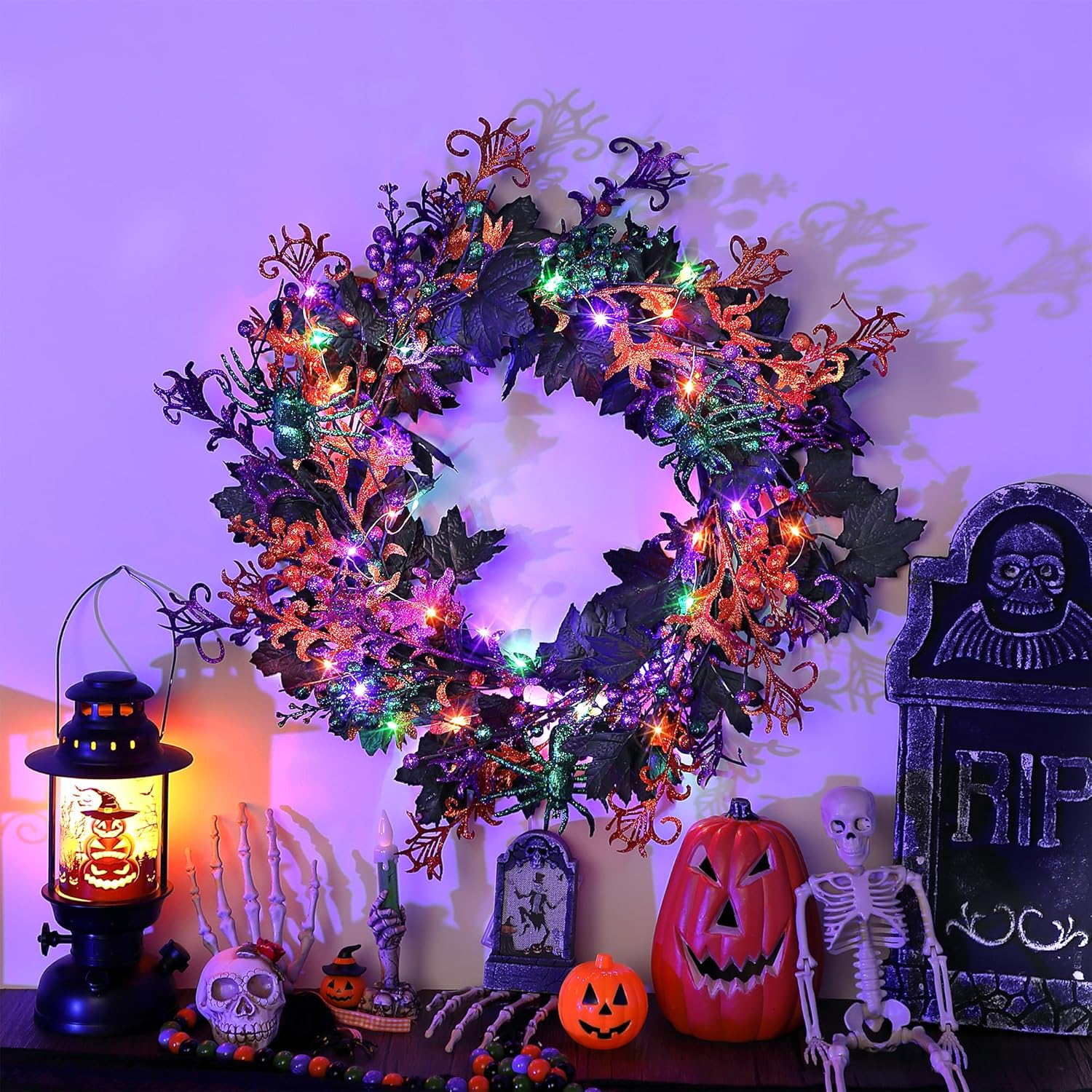 Enhon 40 LED Halloween Wreath 16 Inch Glitter Maple Leaf Style