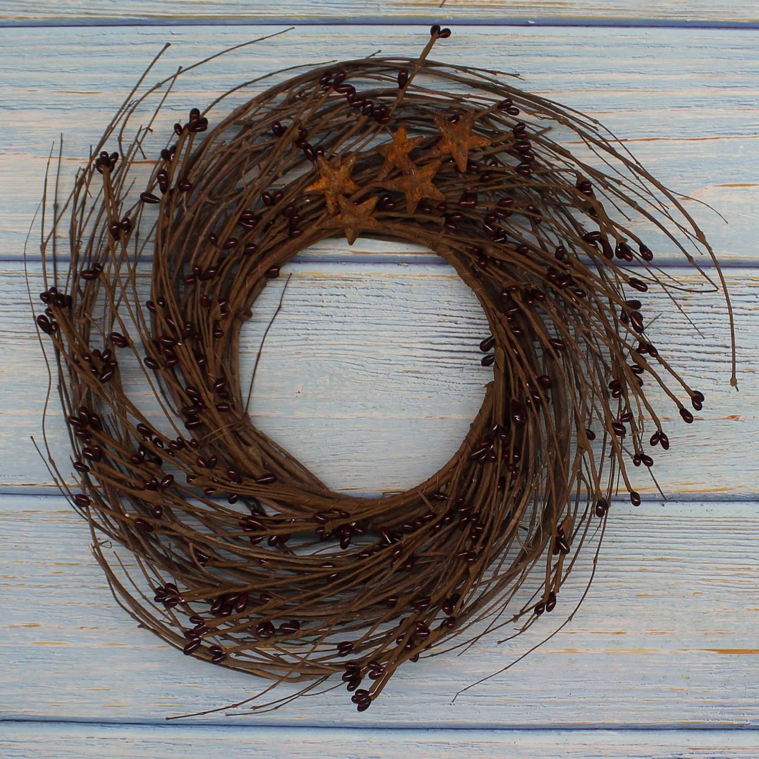 Primitives Rustic Wreath with Barn Stars 12 Inch Burgundy