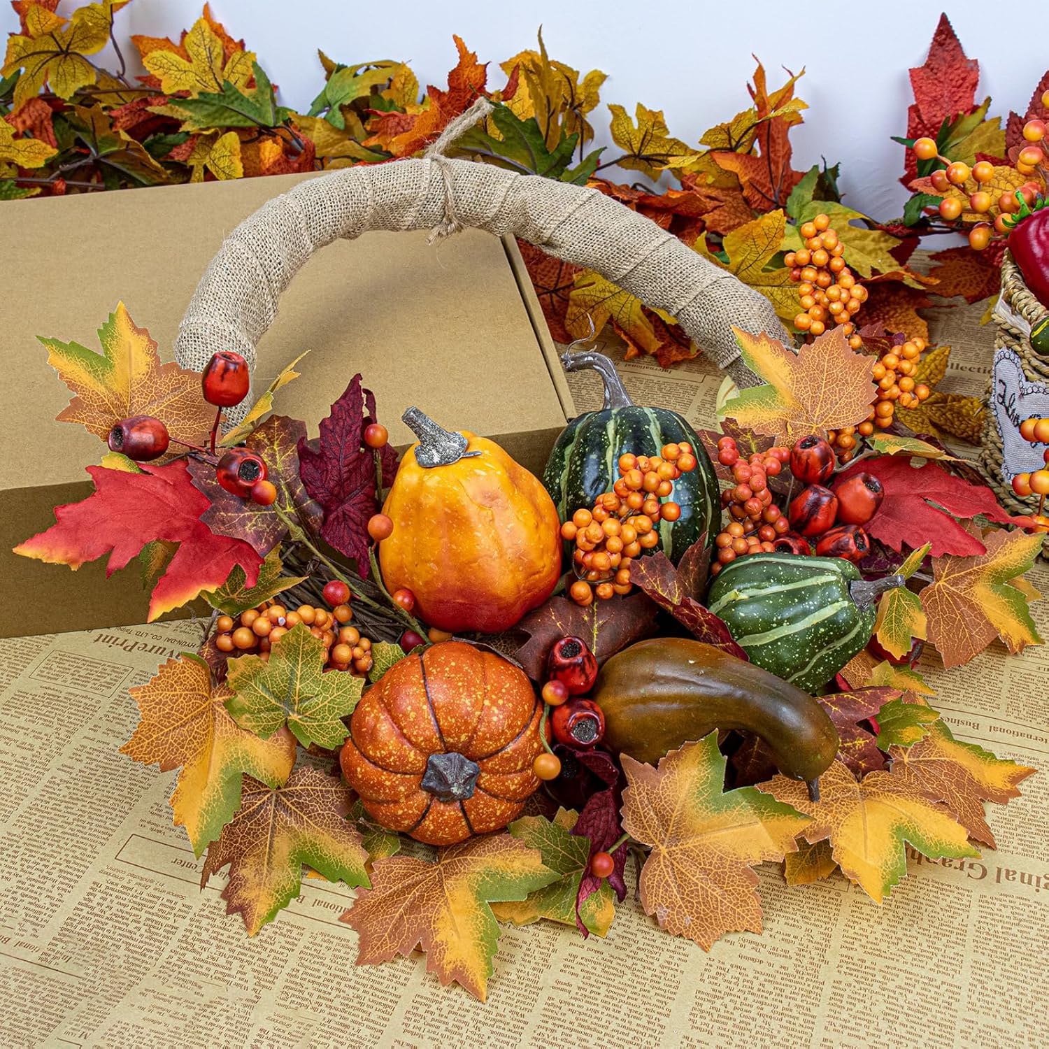 LLZLL 20 Inch Autumn Wreath with Pumpkins Berries Leaves