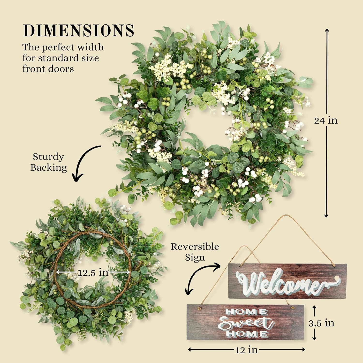 Artificial Eucalyptus Wreath with Berries 24 Inches