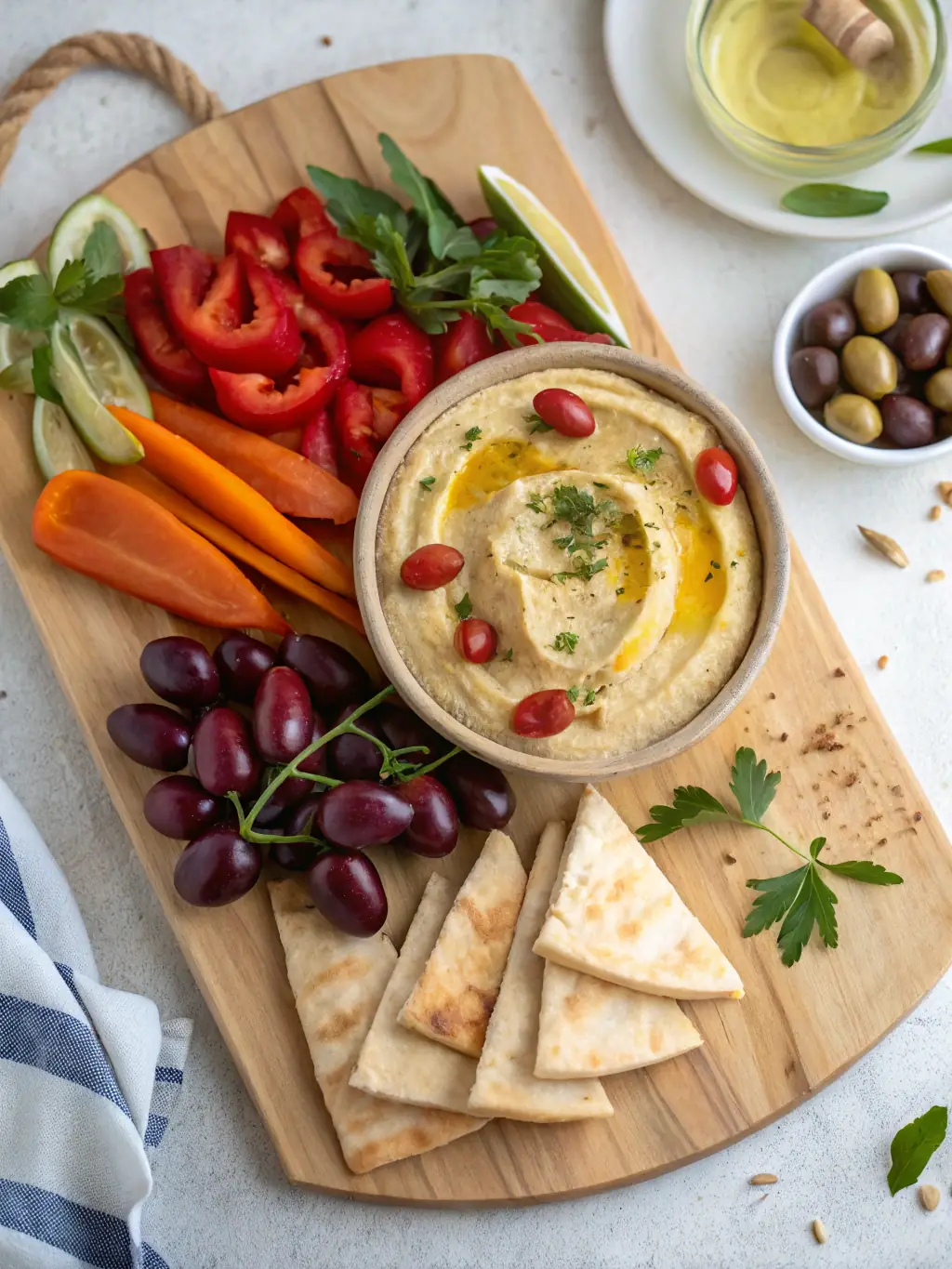 A tempting image of Roasted Garlic Hummus, highlighting its creamy texture and garnished with olive oil and paprika.